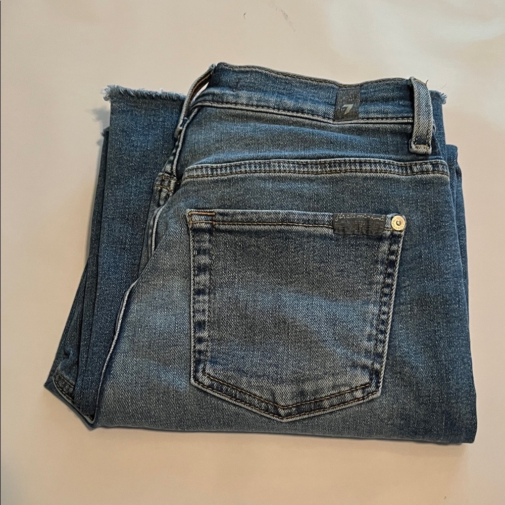 7 For All Mankind Women's Wide Leg Flare Jeans in Medium Blue - Picture 3 of 16